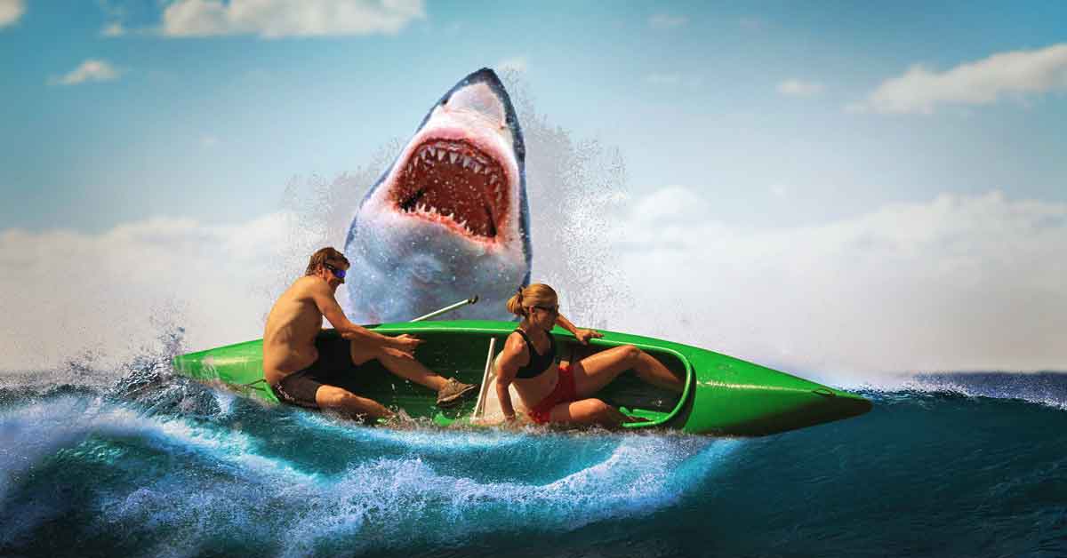 A man and woman in a kayak not obeying basic boating safety capsize in the ocean when attacked by a shark.