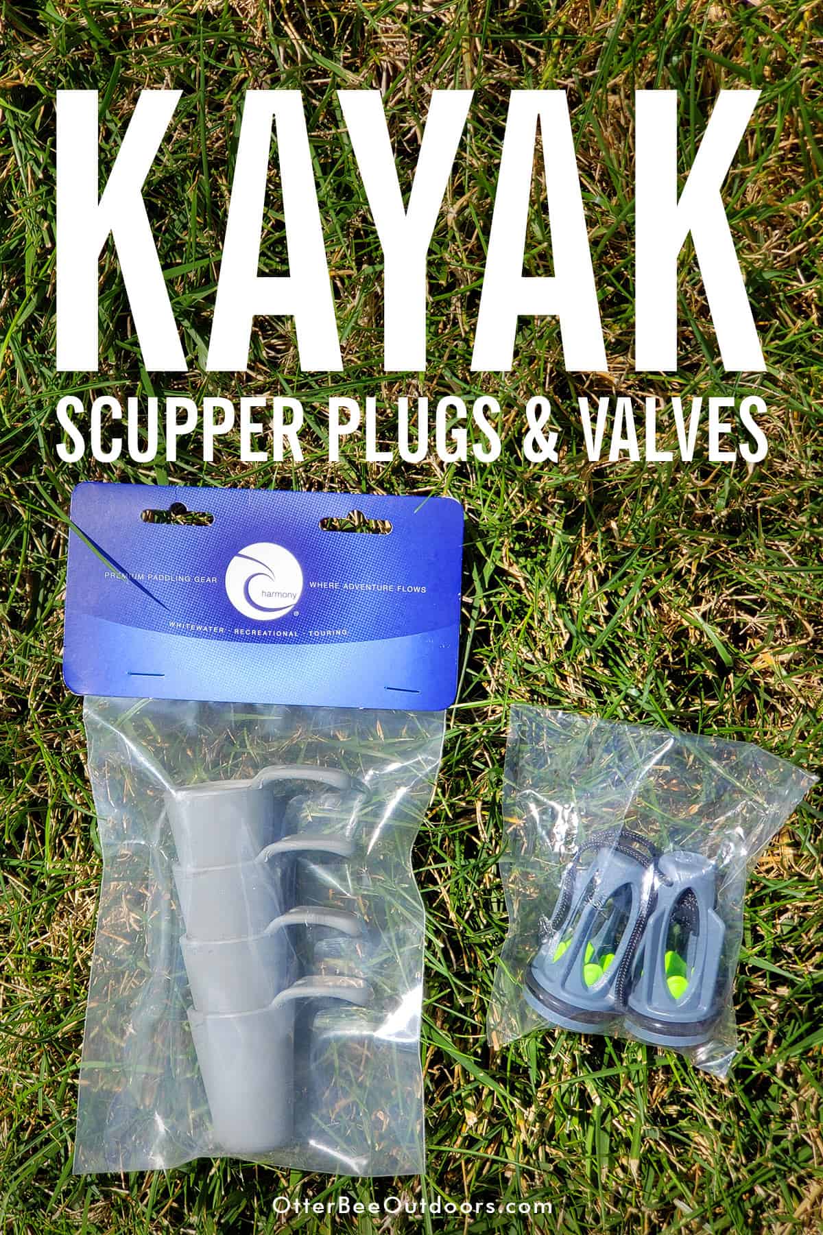 A pack of four kayak scupper plugs and a pack of two scupper valves for use in a sit-on-top-kayak.