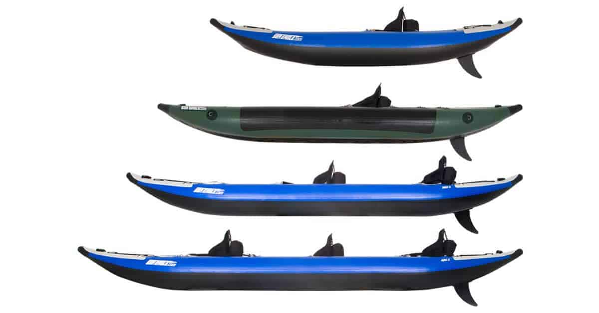 Comparing the side view of the Sea Eagle Explorer inflatable kayak series: 300x, 350fx, 380x, and 420x.