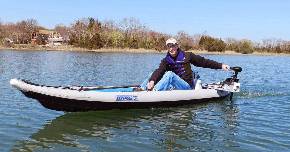 A 385ft FastTrack inflatable kayak with an electric motor.