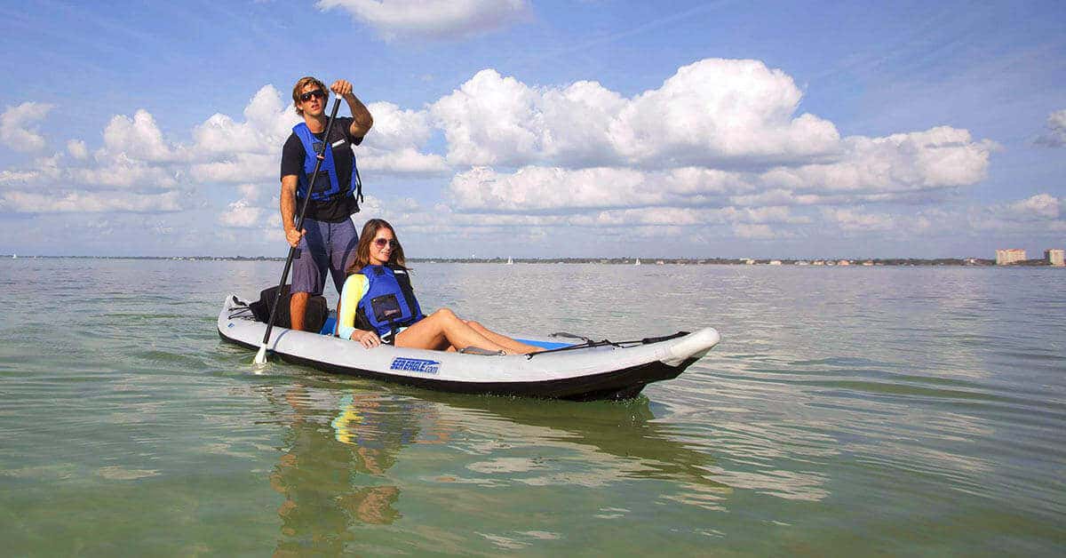 Stand up paddling a Sea Eagle 385ft FastTrack inflatable tandem kayak.