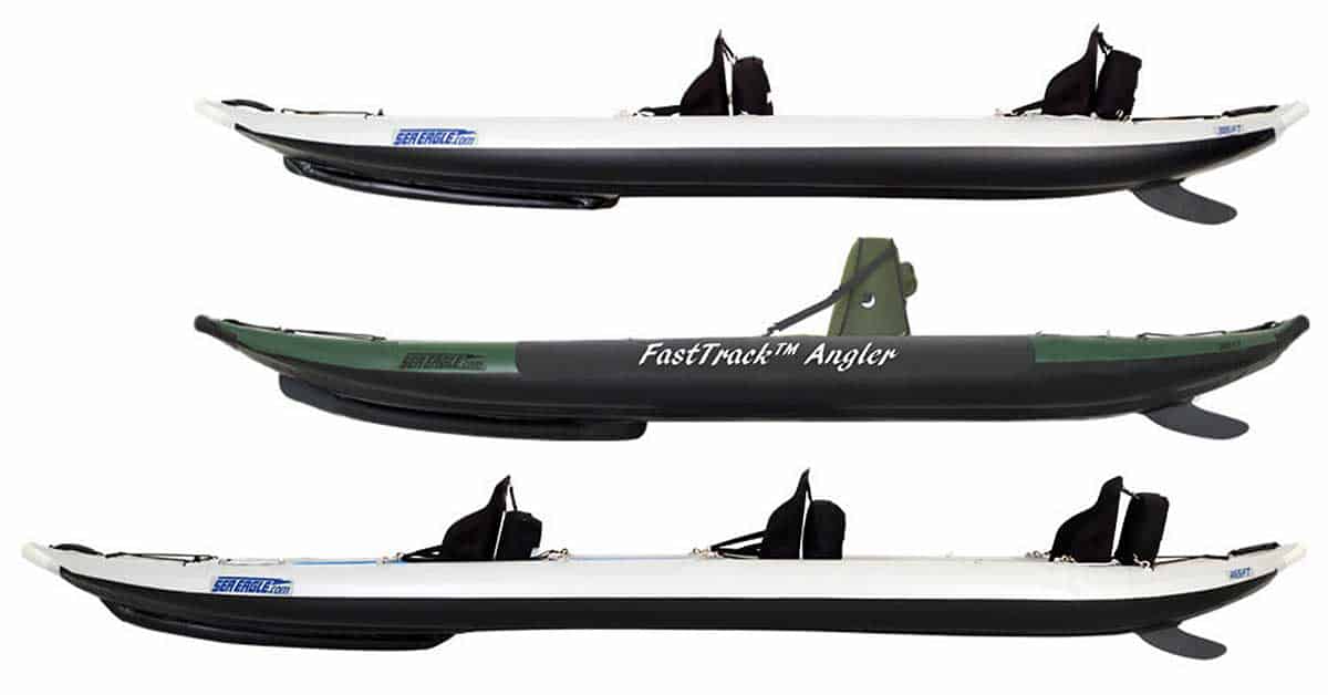 Side view of each kayak in the Sea Eagle FastTrack line of inflatable kayaks.