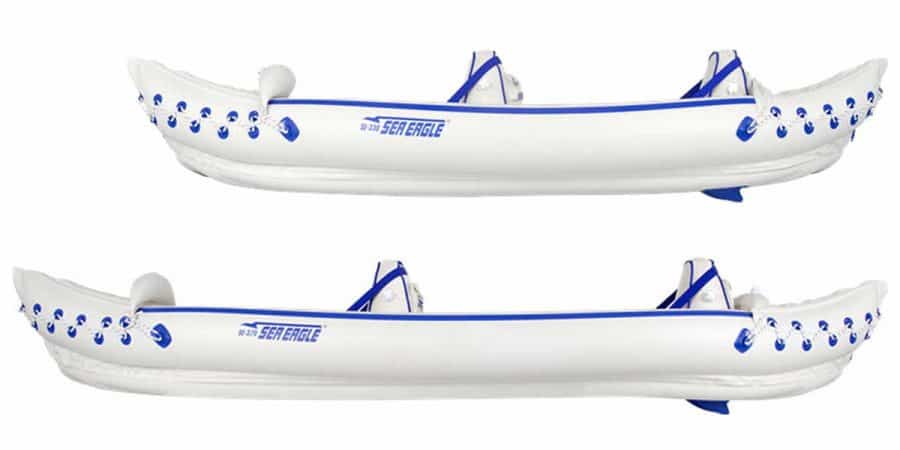Side view of each kayak in the Sea Eagle Inflatable Sport Kayak lineup. The SE330 and the SE370..