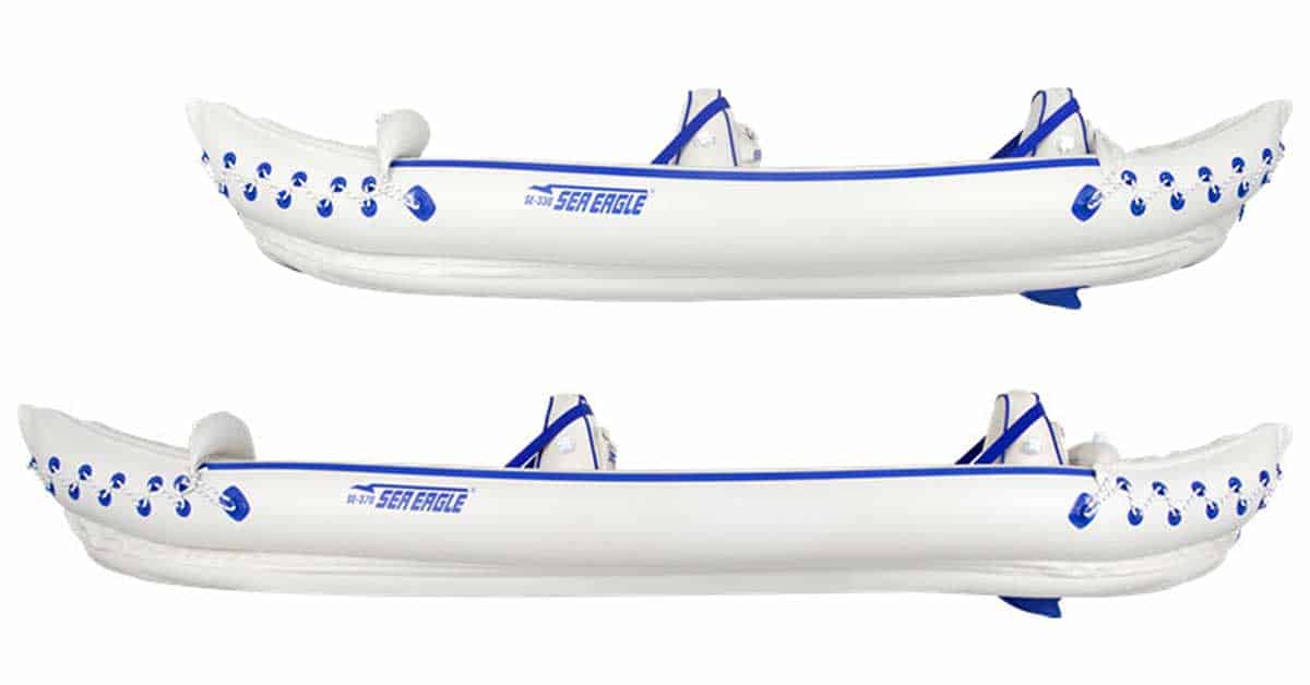 Side view of each kayak in the Sea Eagle Inflatable Sport Kayak lineup. The SE330 and the SE370..