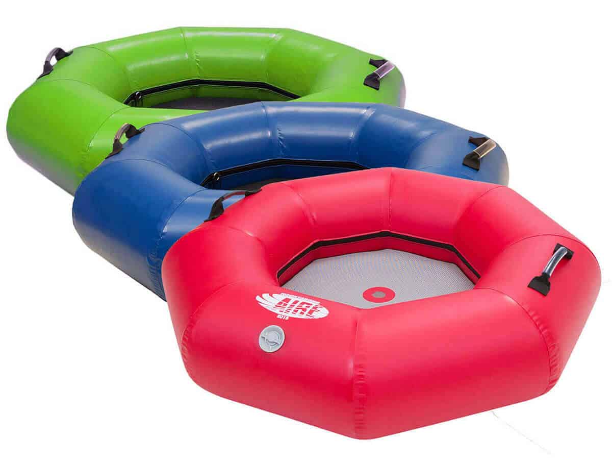 A collage of green, blue, and red AIRE Rocktabomb Inflatable River Tubes.