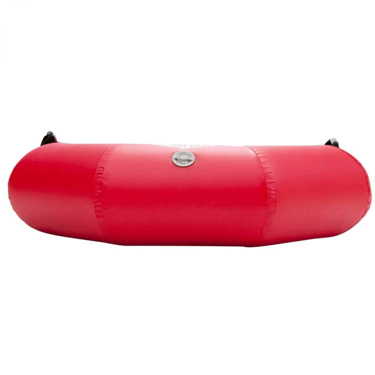 The side view of an AIRE Rocktabomb inflatable river tube in red.