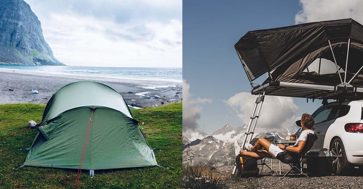 A ground tent and a roof top tent shown beside each other for comparison.