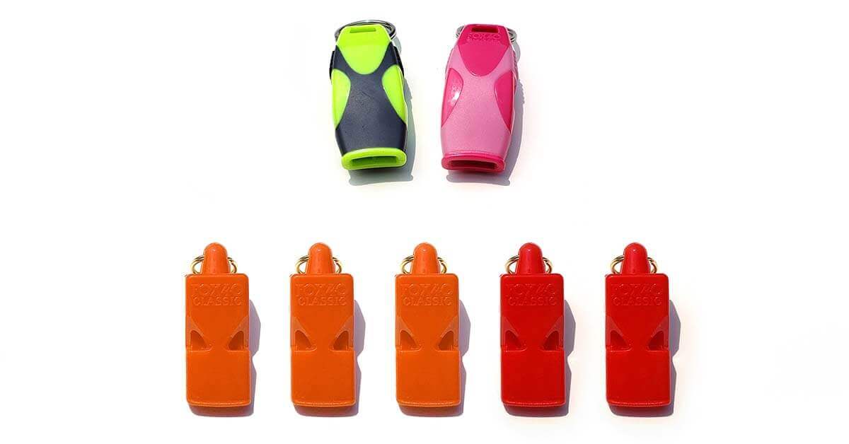 The original Fox 40 first pealess whistle in safety orange and red along with the Fox 40 Sharx designed specifically for outdoor emergency preparedness made from durable polycarbonate and co-molded elastomer for added comfort and slip resistance.
