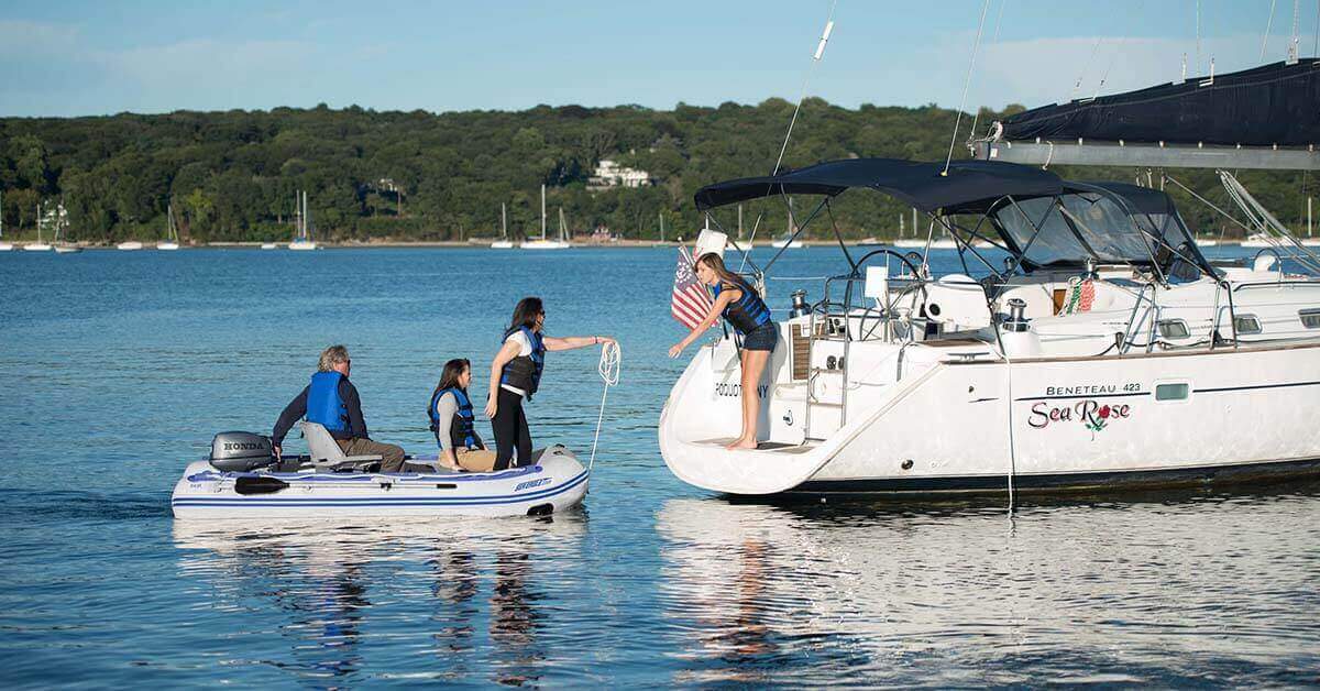 The Sea Eagle 10’6″ Sport Runabout Inflatable Boat used as a ship to shore tender for a yacht.