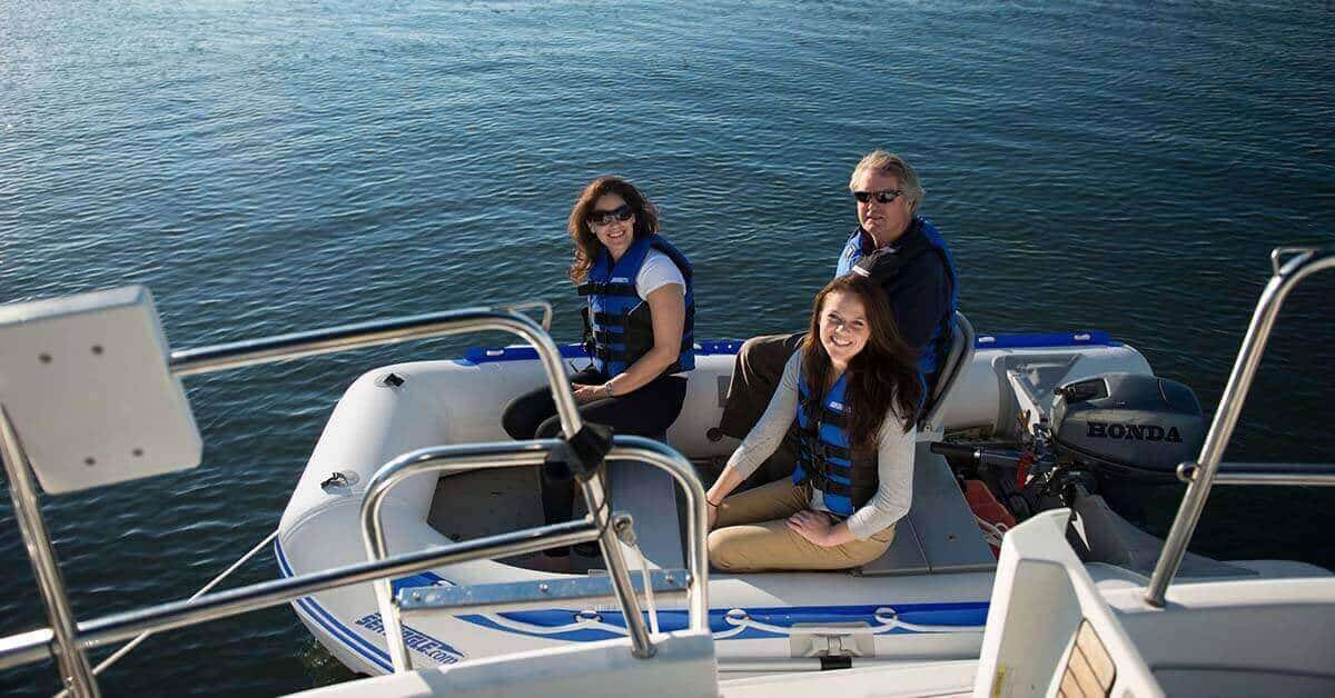 The Sea Eagle 10’6″ Sport Runabout Inflatable Boat used as a tender to shuttle passengers to a yacht.