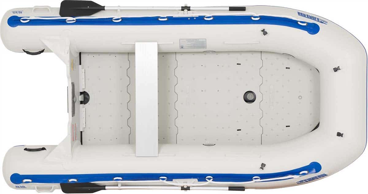 A Sea Eagle 10’6″ Sport Runabout Inflatable Boat with the molded plastic floorboard.