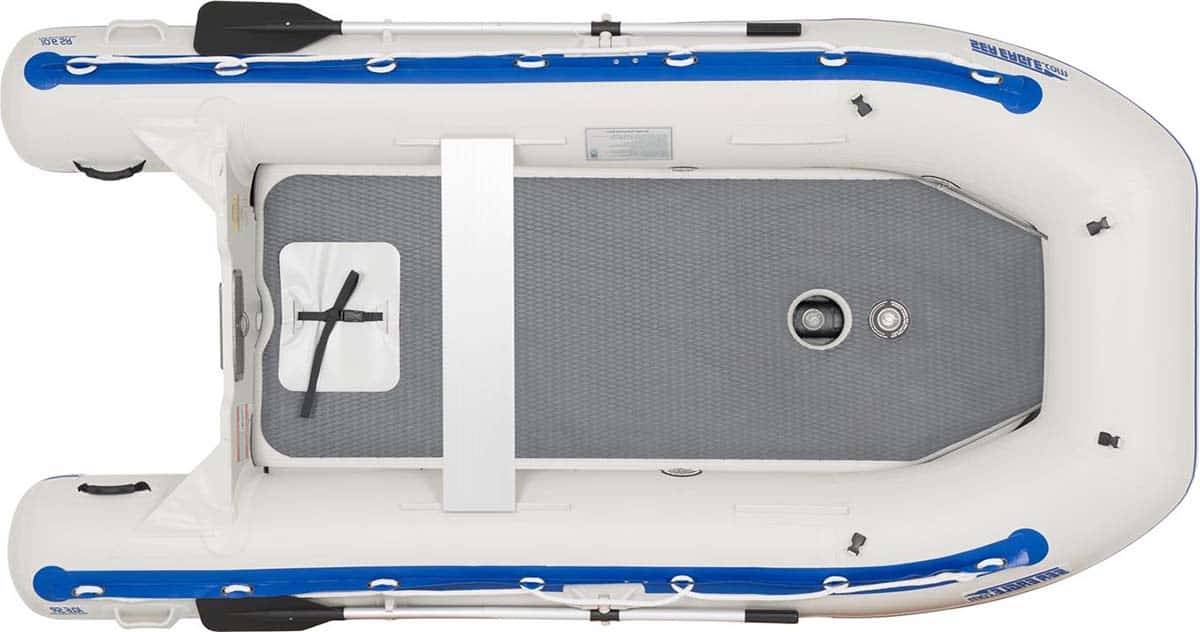 A Sea Eagle 10’6″ Sport Runabout Inflatable Boat with the rigid high-pressure inflatable Drop-Stitch floor.