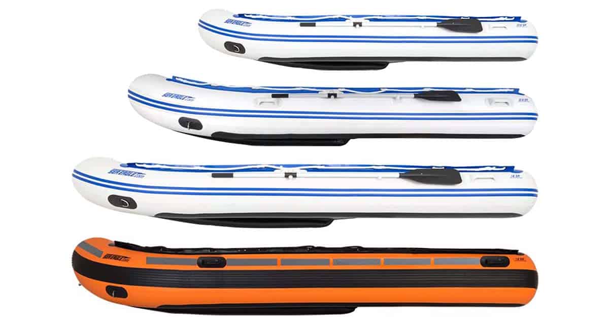 Sea Eagle Sport Runabout Inflatable Boat series. Side view of the 10.6sr, 12.6sr, 14sr, and Rescue14.