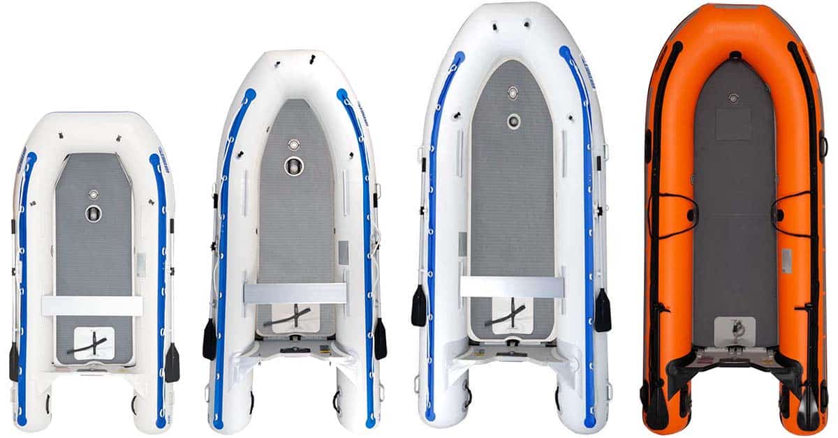 Sea Eagle Sport Runabout Inflatable Boat series. Top view of the 10.6sr, 12.6sr, 14sr, and Rescue14.