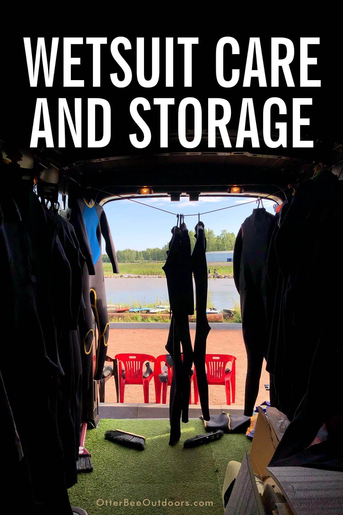 Wetsuits being hung and stored in a van before paddle boarding at a lake. The graphic says... Wetsuit Care And Storage.