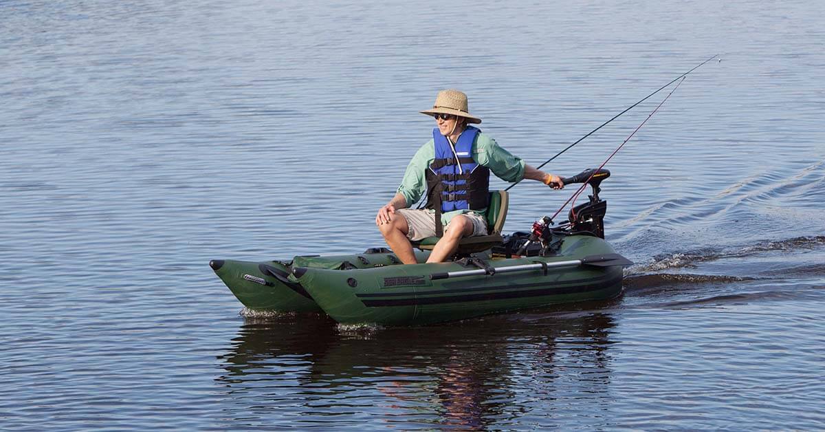 The Sea Eagle 285 Frameless Pontoon Boat Inflatable Fishing Boat speeding across a lake to a fishing spot.