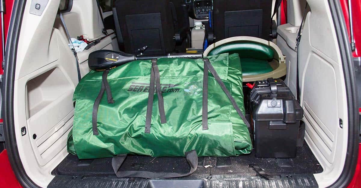 The Sea Eagle Stealth Stalker 10 Frameless Pontoon Boat Inflatable Fishing Boat packs down into a bag that easily fits in an SUV or car trunk.