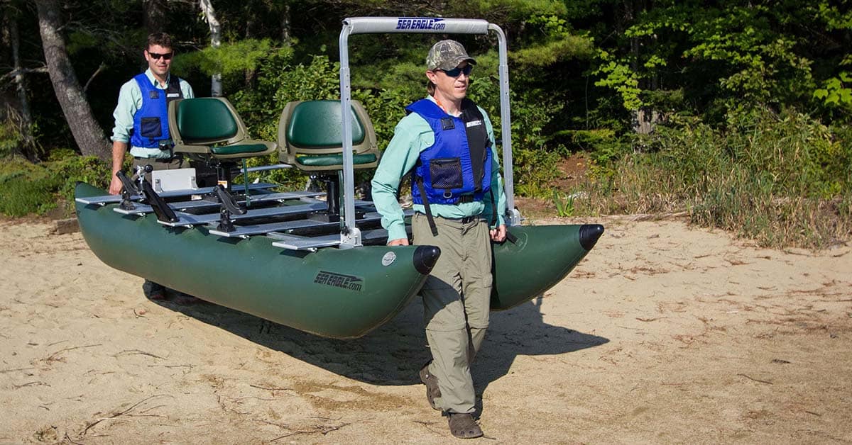 Two people can easily carry the inflated and accessorized Sea Eagle 375fc FoldCat Inflatable Fishing Boat.