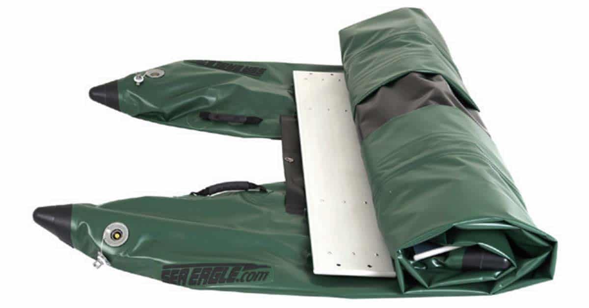 The 375fc FoldCat Inflatable Pontoon Boat has a folding frame system that creates a spacious rigid fishing platform.