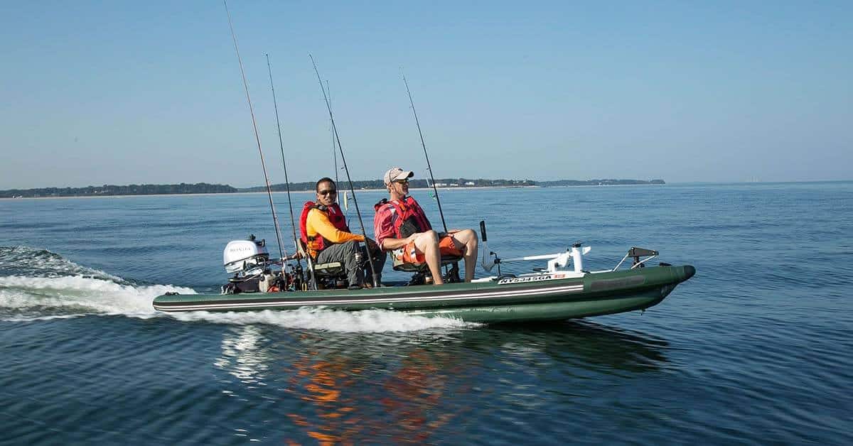 Fishermen at full speed in a Sea Eagle FishSkiff 16 Inflatable Fishing Boat.