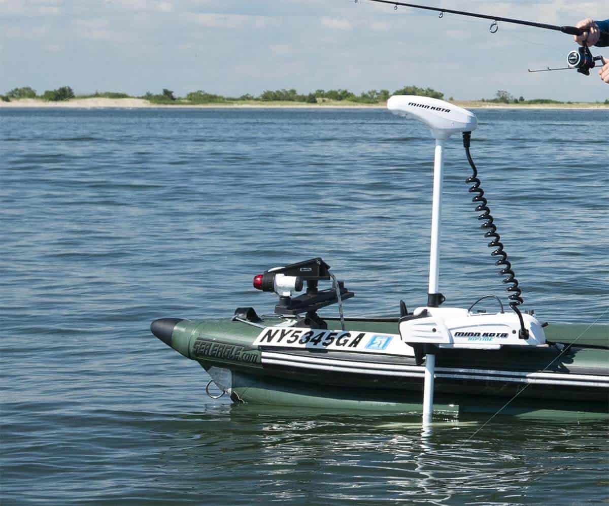 The Sea Eagle FishSkiff 16 Inflatable Fishing Boat has a Trolling Motor Mount Attachment System for quickly and easily attaching a bow-mounted trolling motor.