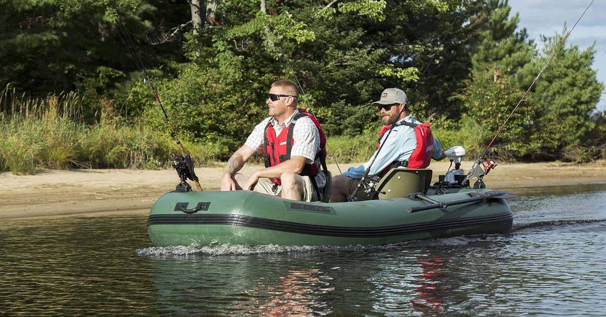 Two men trolling with an electric motor on a lake in Sea Eagle Stealth Stalker 10 Inflatable Fishing Boat.
