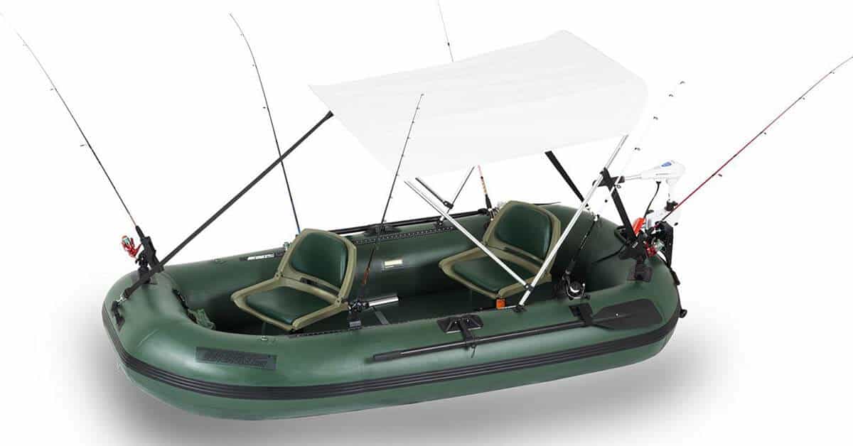 A Sea Eagle Stealth Stalker 10 Inflatable Fishing Boat equipped with two swivel seats, canopy, electric motor, Scotty rod holders, fishing poles, and more.