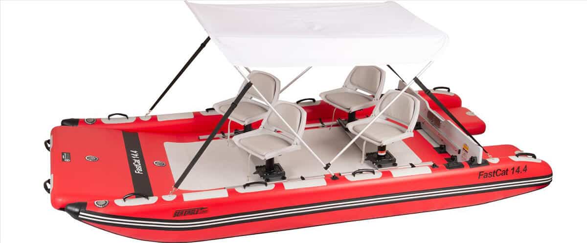 The Sea Eagle FastCat14 Catamaran Inflatable Boat with a wide canopy.