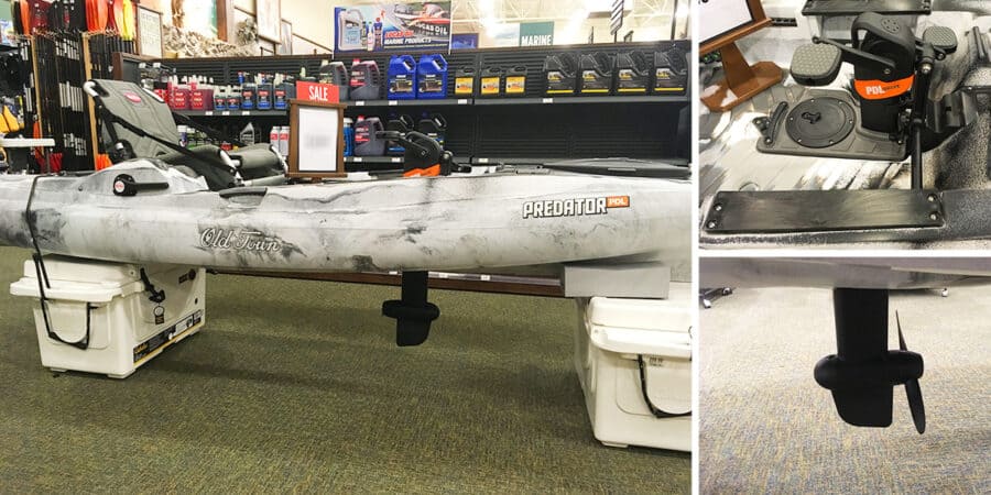 Pictures of an Old Town Predator PDL pedal fishing kayak from the side, its pedal drive, and the propeller on the underside of the kayak.