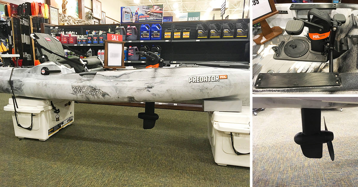 Pictures of an Old Town Predator PDL pedal fishing kayak from the side, its pedal drive, and the propeller on the underside of the kayak.