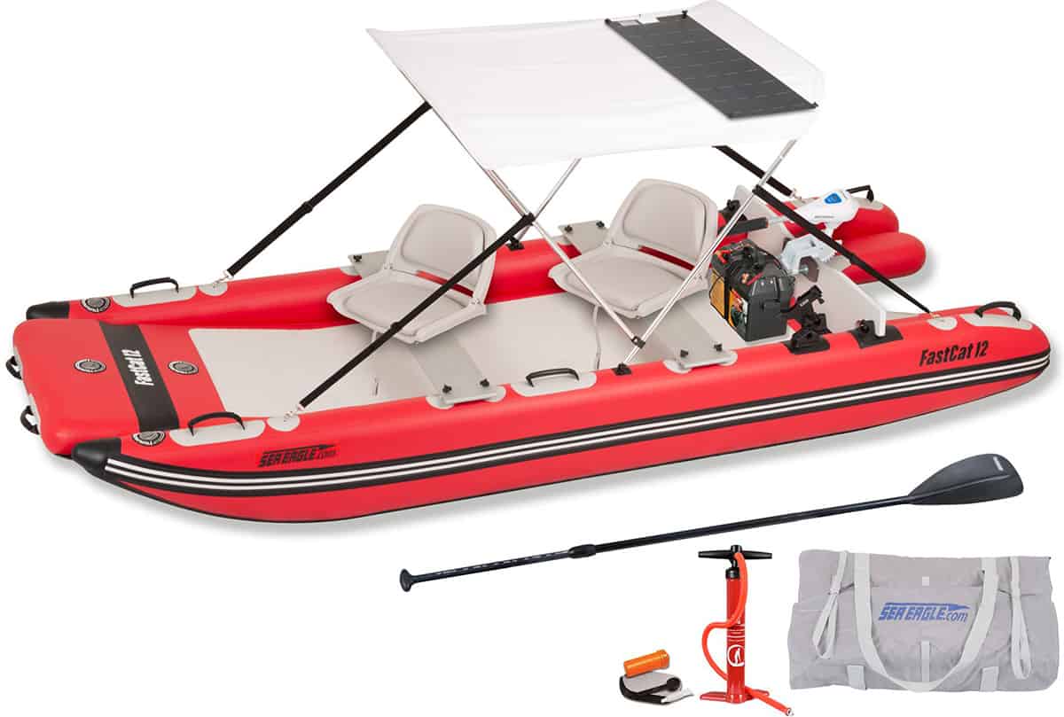 The Sea Eagle FastCat 12 Catamaran Inflatable Boat 110w Solar Boat Package (Model Number FASTCAT12K_S110).