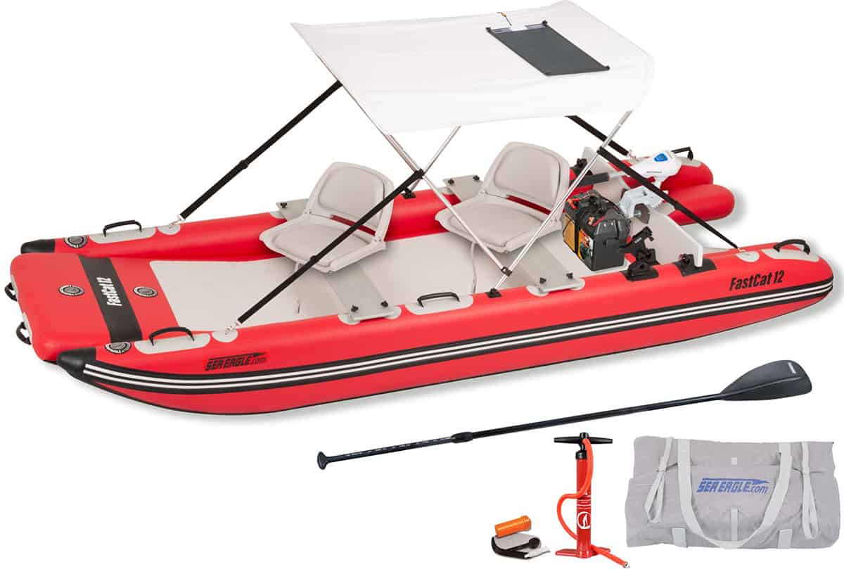 The Sea Eagle FastCat 12 Catamaran Inflatable Boat 50w Solar Boat Package (Model Number FASTCAT12K_S50).