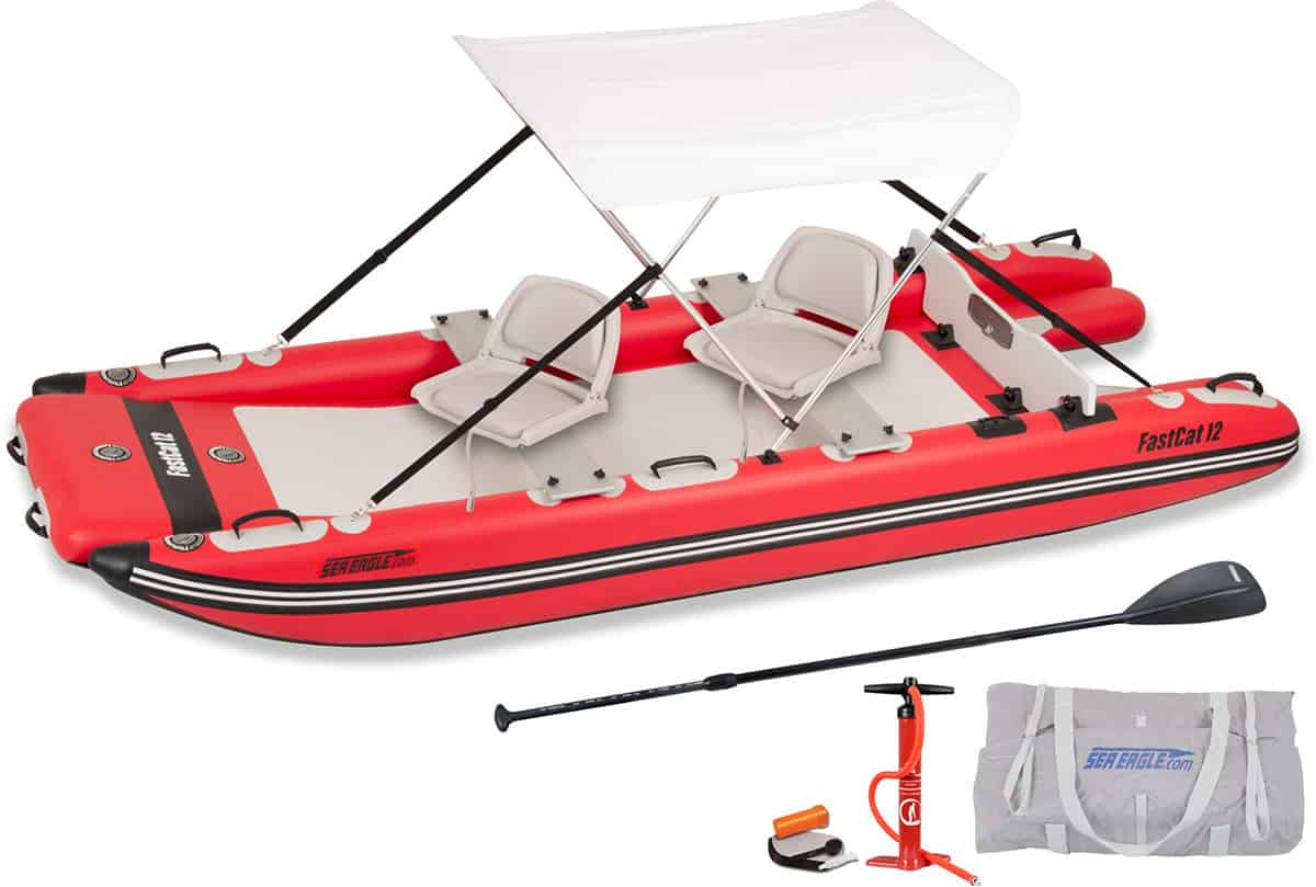 The Sea Eagle FastCat 12 Catamaran Inflatable Boat Swivel Seat Canopy Package (Model Number FASTCAT12K_SWC).