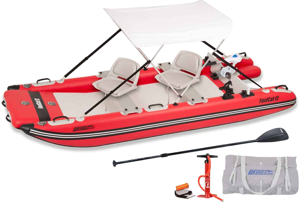 The Sea Eagle FastCat 12 Catamaran Inflatable Boat Watersnake Motor Canopy Package (Model Number FASTCAT12K_WSMC).