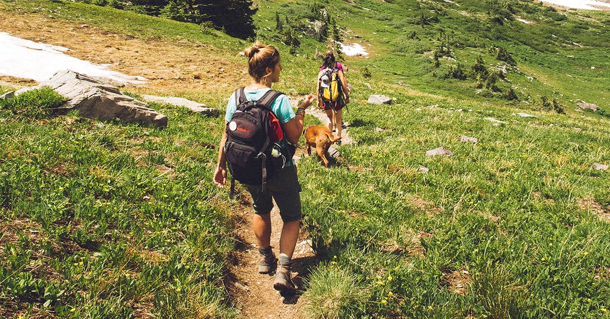 Two women and a dog hike downhill.