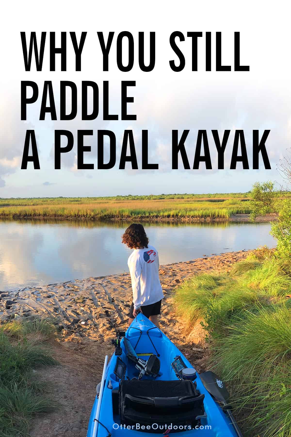 A Hobie pedal kayak being walked to the put-in at a lake. The graphic says... Why You Still Use a Paddle with a Pedal Kayak: But Simultaneously?