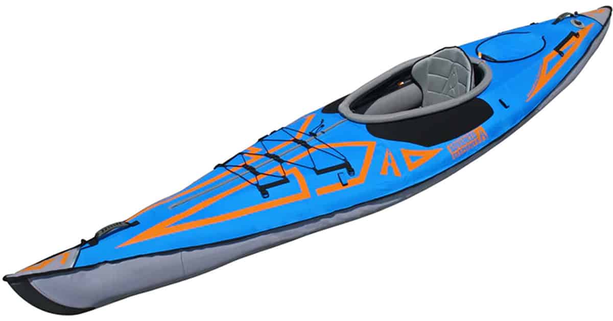 An Advanced Elements AdvancedFrame Expedition Elite Inflatable Sit-In Kayak on a white background.