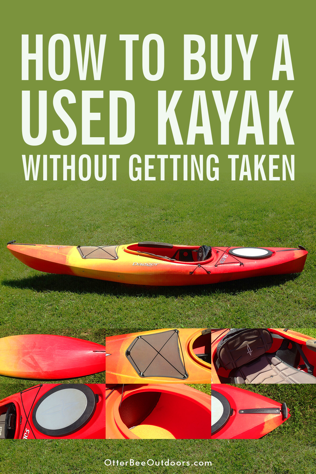 Pictures of a used Dagger Axis 10.5 kayak that is for sale. The graphic text says How To Buy A Used Kayak Without Getting Taken.