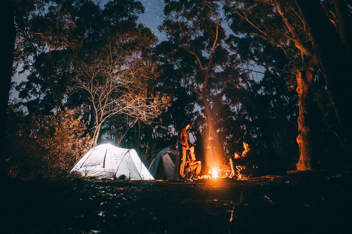 Campers and their tents around a campfire on a cold night.