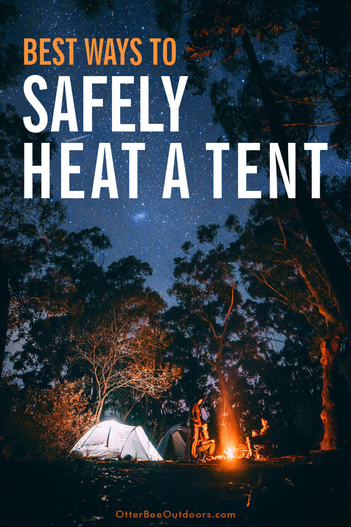 Campers and tents around a warm campfire on a cold night in fall. The graphic says, Best Ways To Safety Heat A Tent.