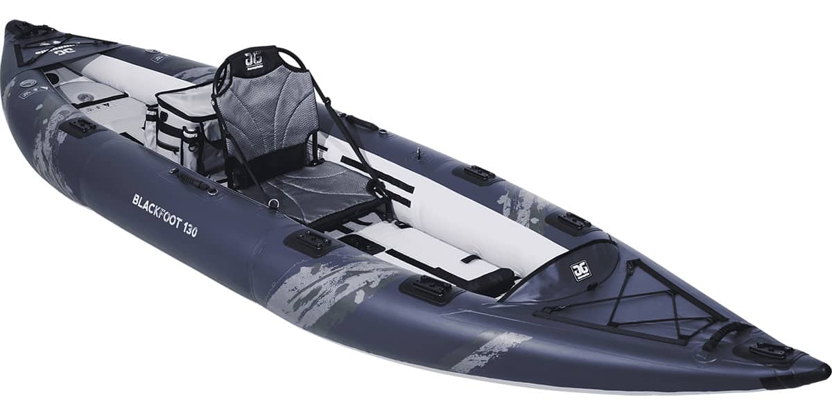 Side view of the Aquglide Blackfoot 130 inflatable fishing kayak.