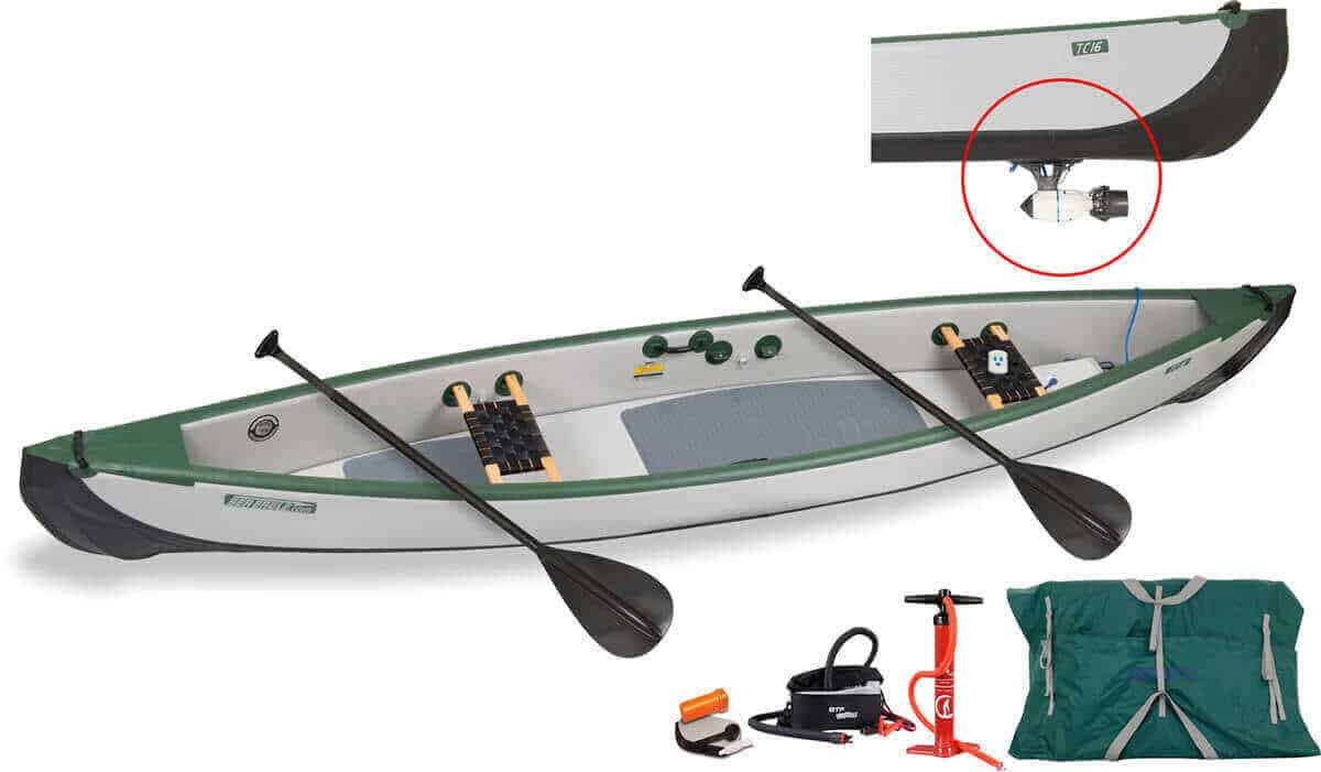 Sea Eagle Travel Canoe 16 Inflatable 2-Person Canoe Wood/Web Seats Bixpy Motor Package, Model TC16K_BX.
