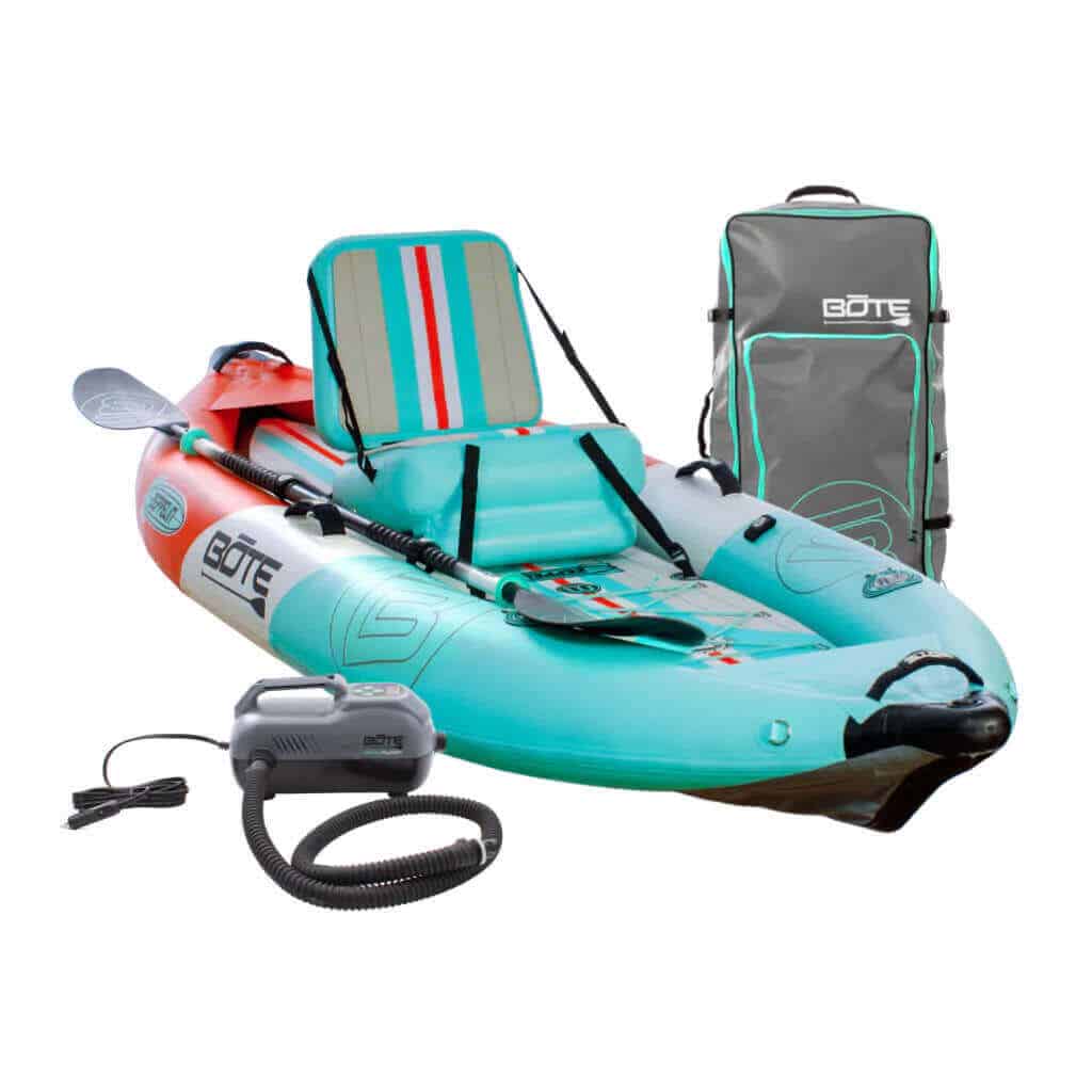 Front view of the BOTE Zeppelin Aero 10′ Classic Seafoam Inflatable Kayak Essentials Package.