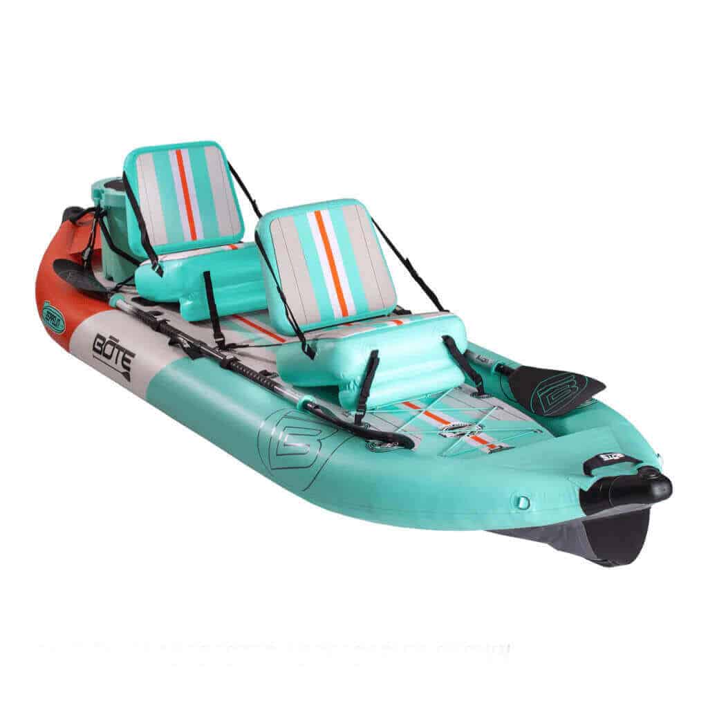 Front view of the BOTE Zeppelin Aero 12′6″ Classic Seafoam Inflatable Kayak Package.