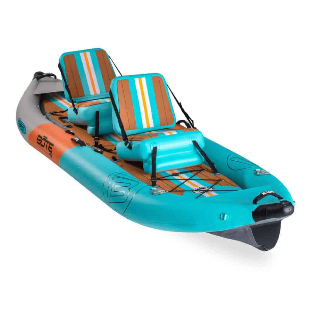 Front view of the BOTE Zeppelin Aero 12′6″ Native Aqua Inflatable Kayak.