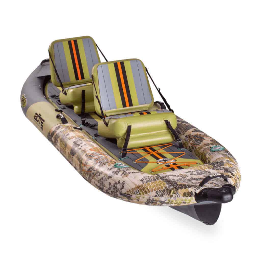 Front view of the BOTE Zeppelin Aero 12′6″ Verge Camo Inflatable Kayak.