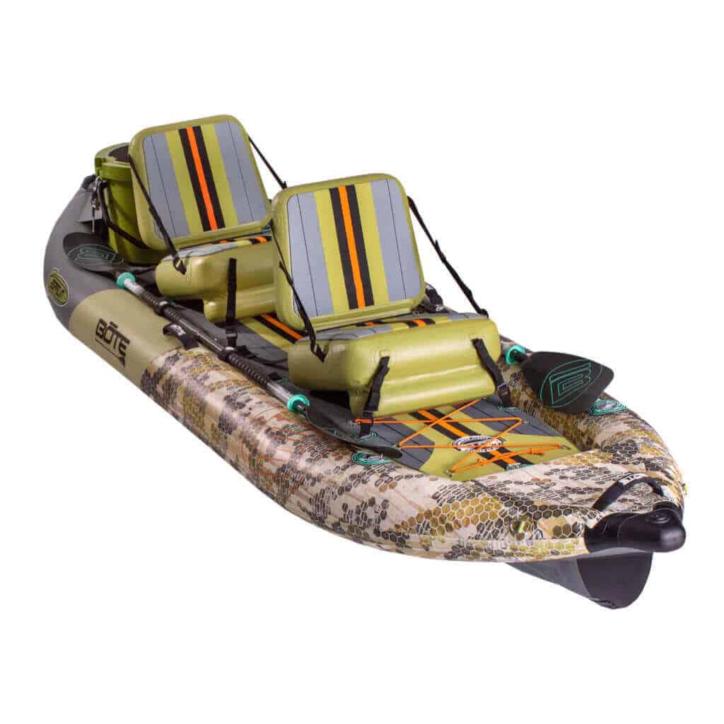 Front view of the BOTE Zeppelin Aero 12′6″ Verge Camo Inflatable Kayak Package.