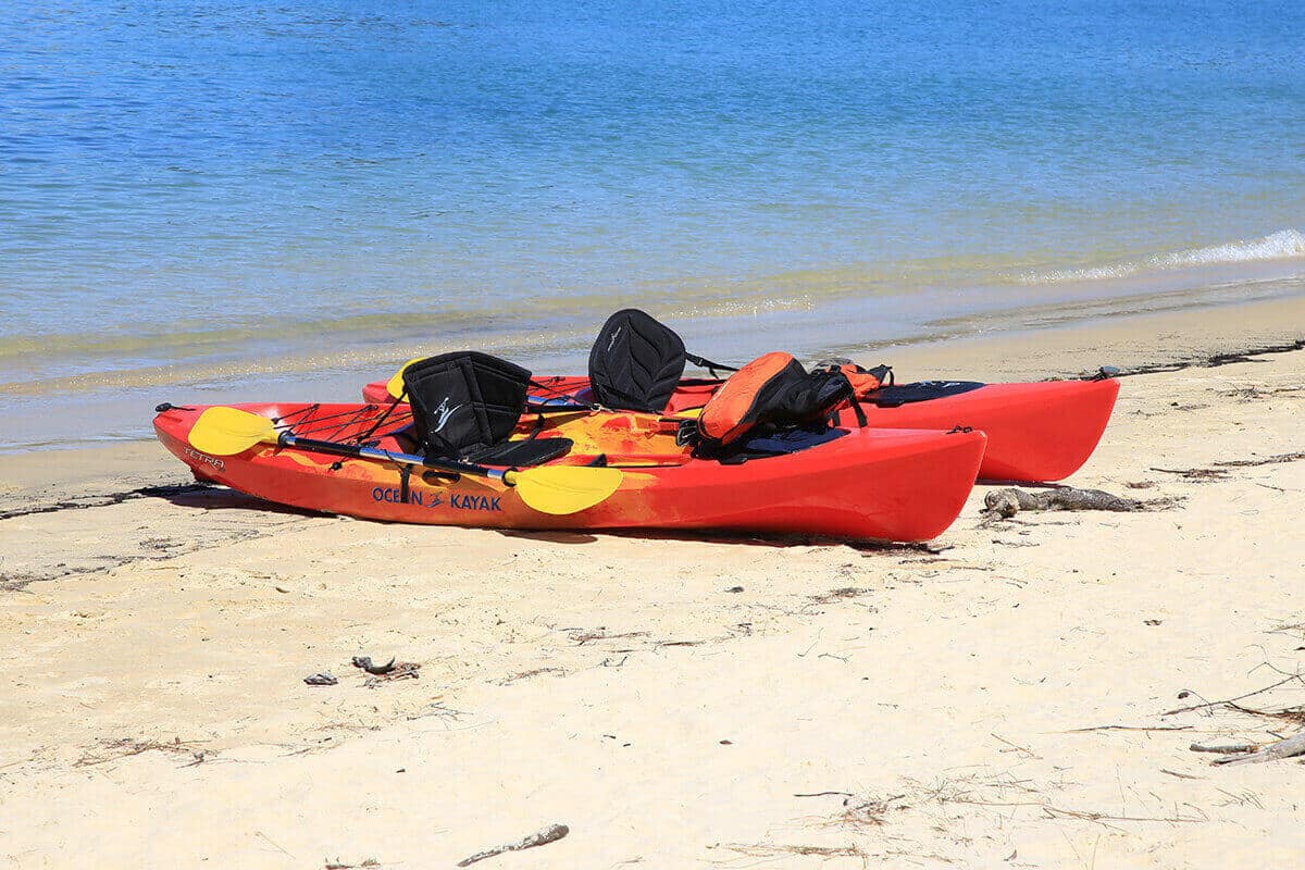 Two Ocean Kayaks on a sandy beach.