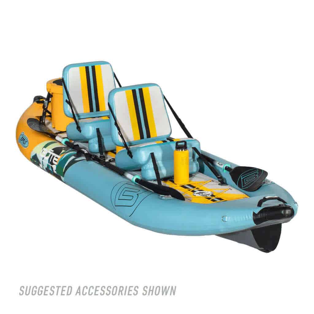 Front view of the BOTE Zeppelin Aero 12′ 6" Native Paradise inflatable kayak.