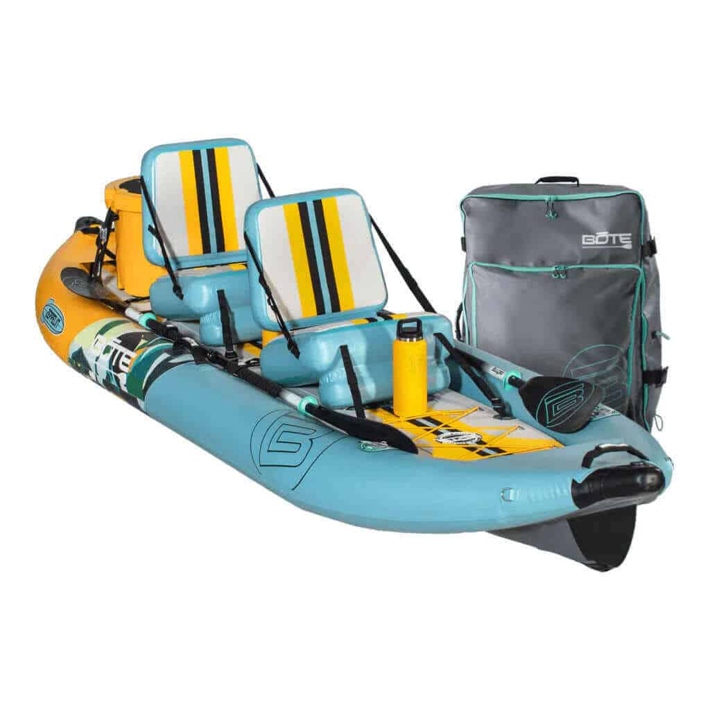 Front view of the BOTE Zeppelin Aero 12′ 6" Native Paradise inflatable kayak package.